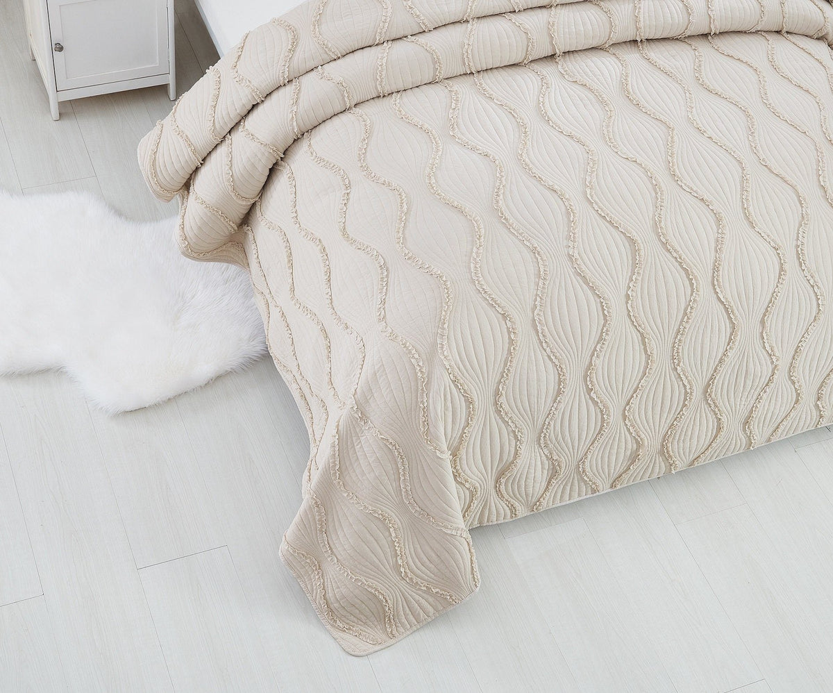 Ivory Boho Ruffle Quilted Bedspread Set | Cotton French Country Bedding