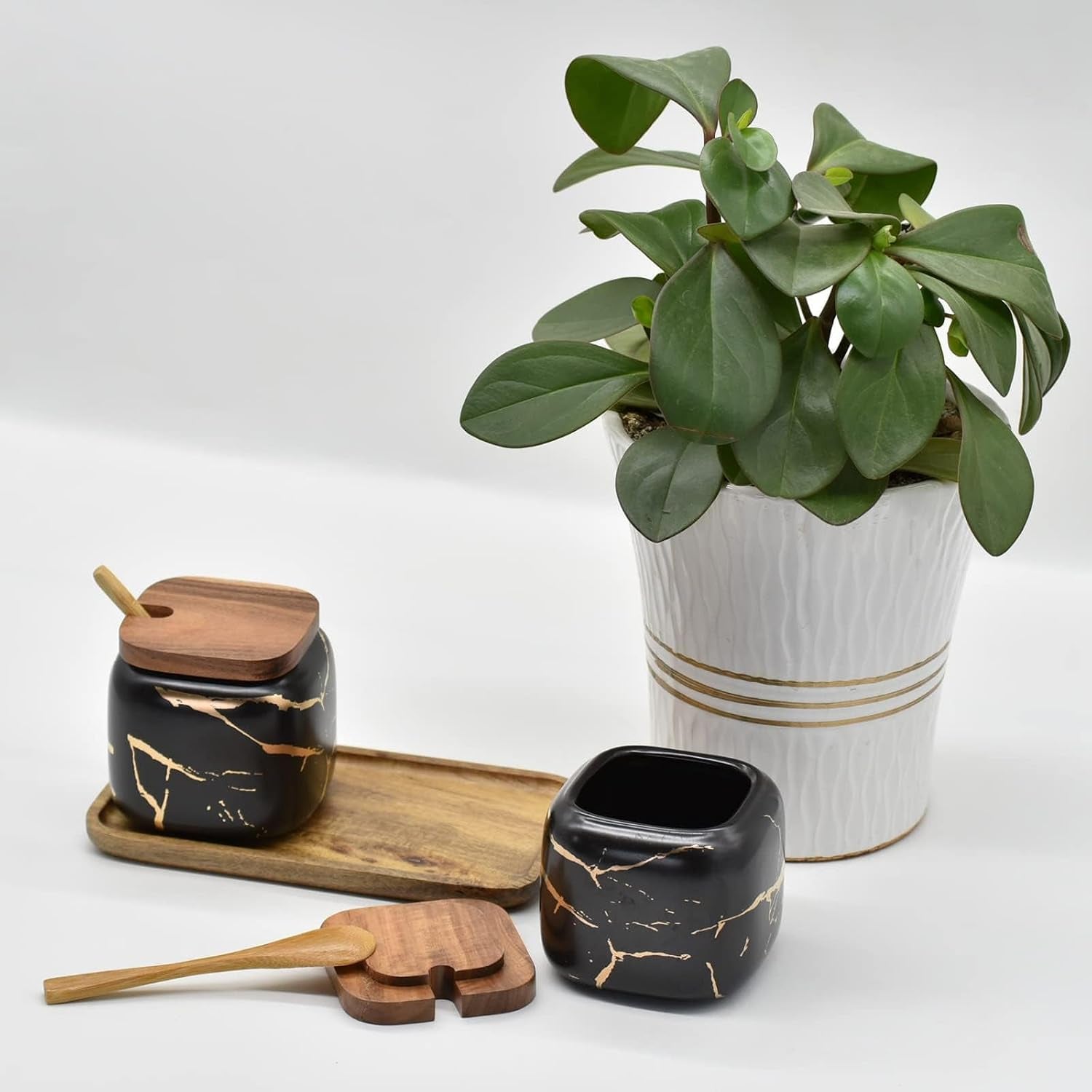 Sets of 2 Marble Ceramic Seasoning Jars Ceramic Sugar Salt Bowl Condiment Pots with Wooden Lids,Wooden Spoon and Wooden Tray (Black)