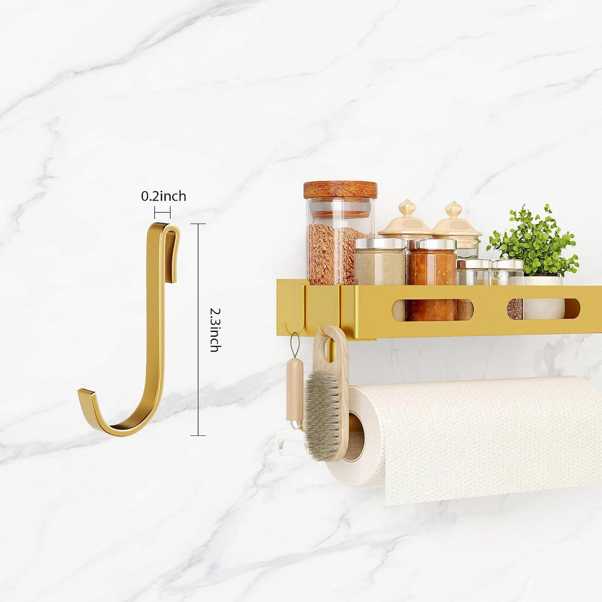 Paper Towel Holder Wall Mount for Kitchen, Paper Towel Holder with Shelf for Bathroom, RV Paper Towel Rack with 2 Hooks, Gold
