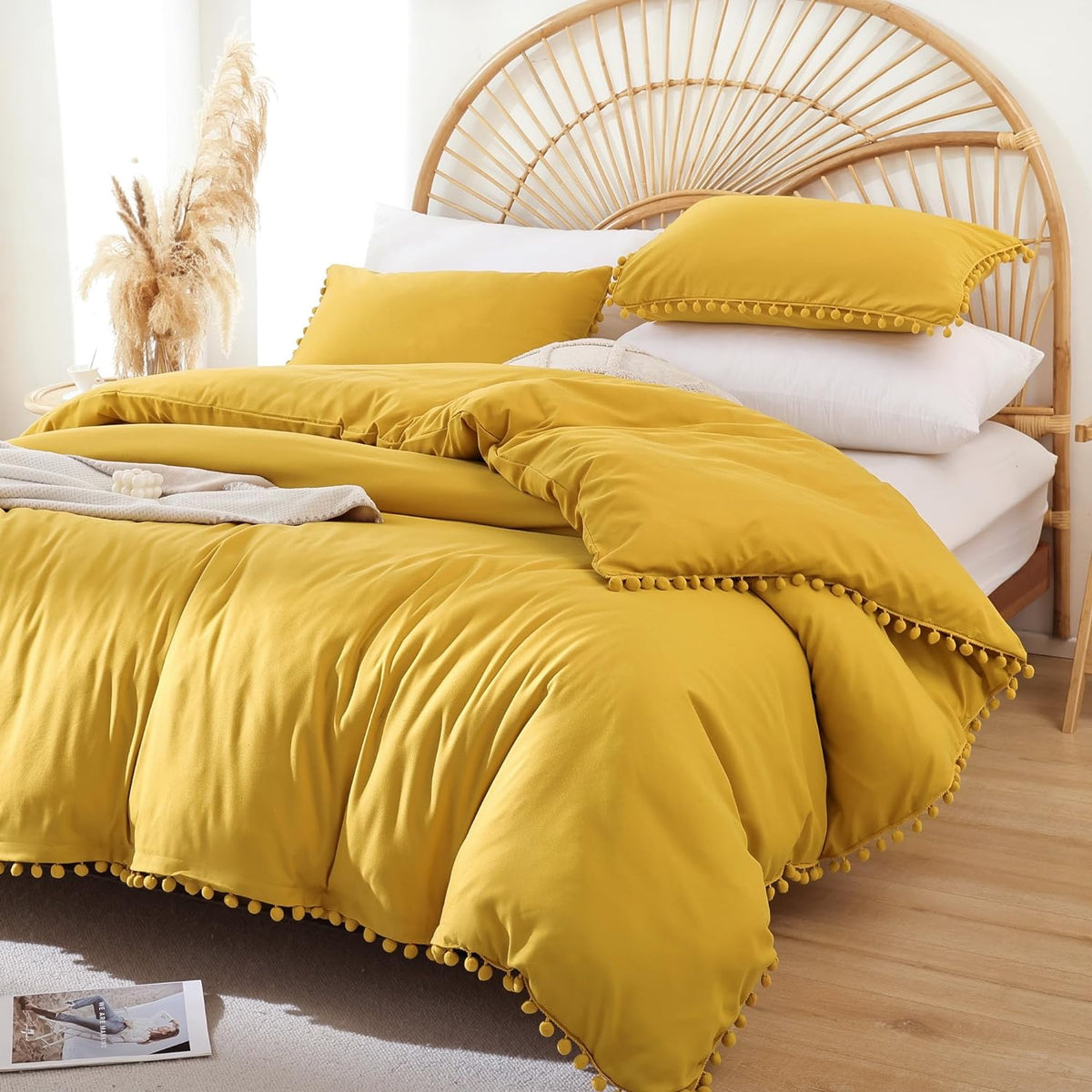 Queen Comforter Set, Mustard Yellow Ball Pom Fringe Bedding 3 Pcs