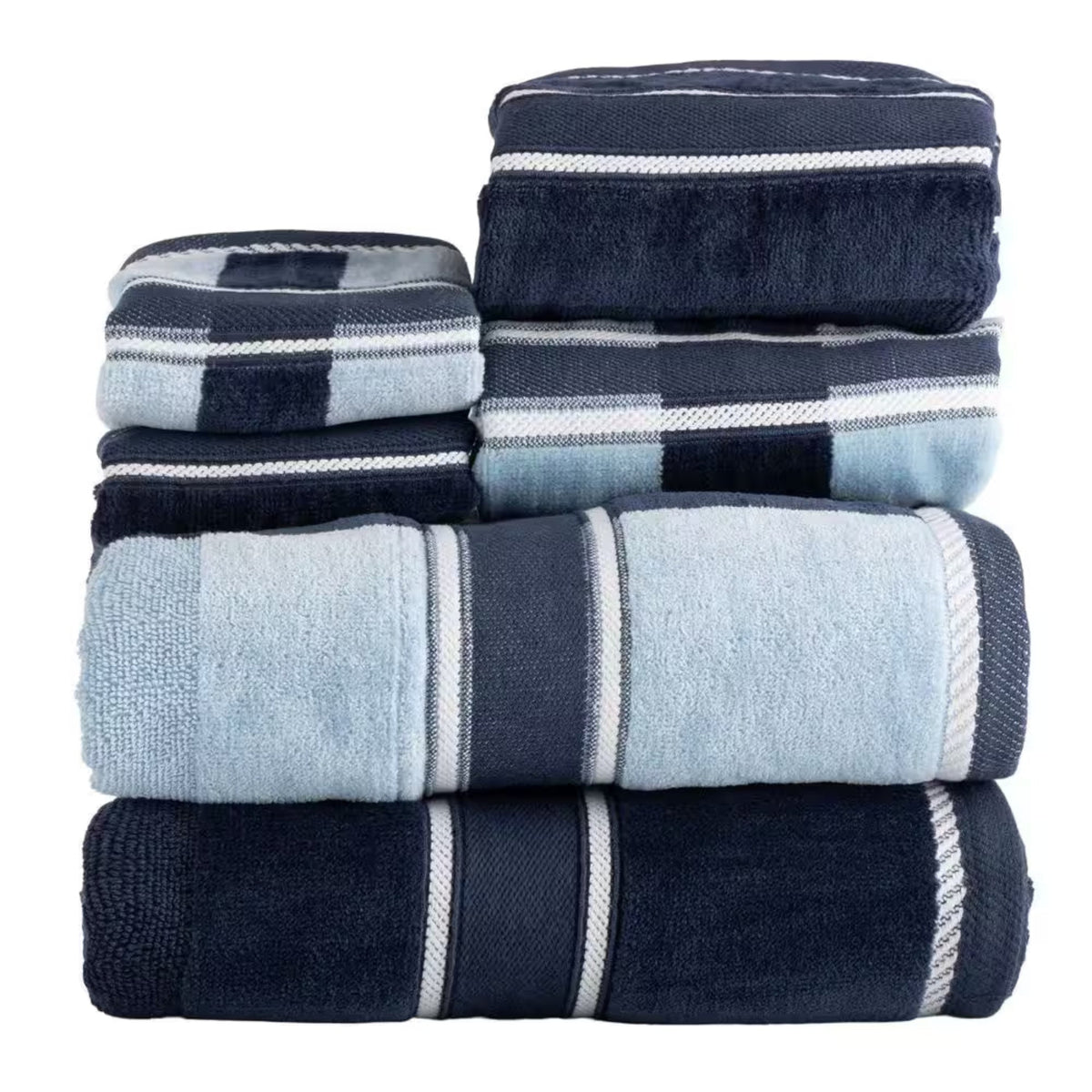 6-Piece Navy Striped 100% Cotton Bath Towel Set