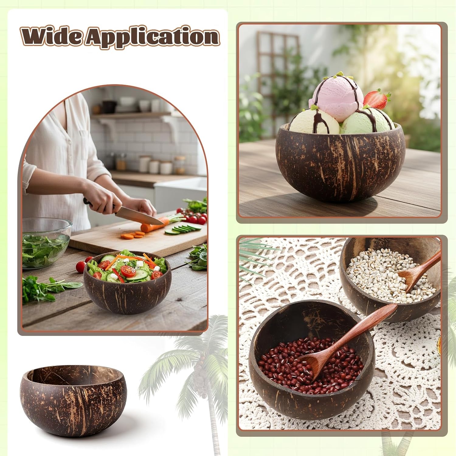 14 PCS Natural Coconut Shell Bowls, Polished Coconut Bowls, Polished Wooden Bowl for Acai Organic Salad Vegan Gifts Rustic Kitchen Decor, Diameter 3.7-4.5 Inch