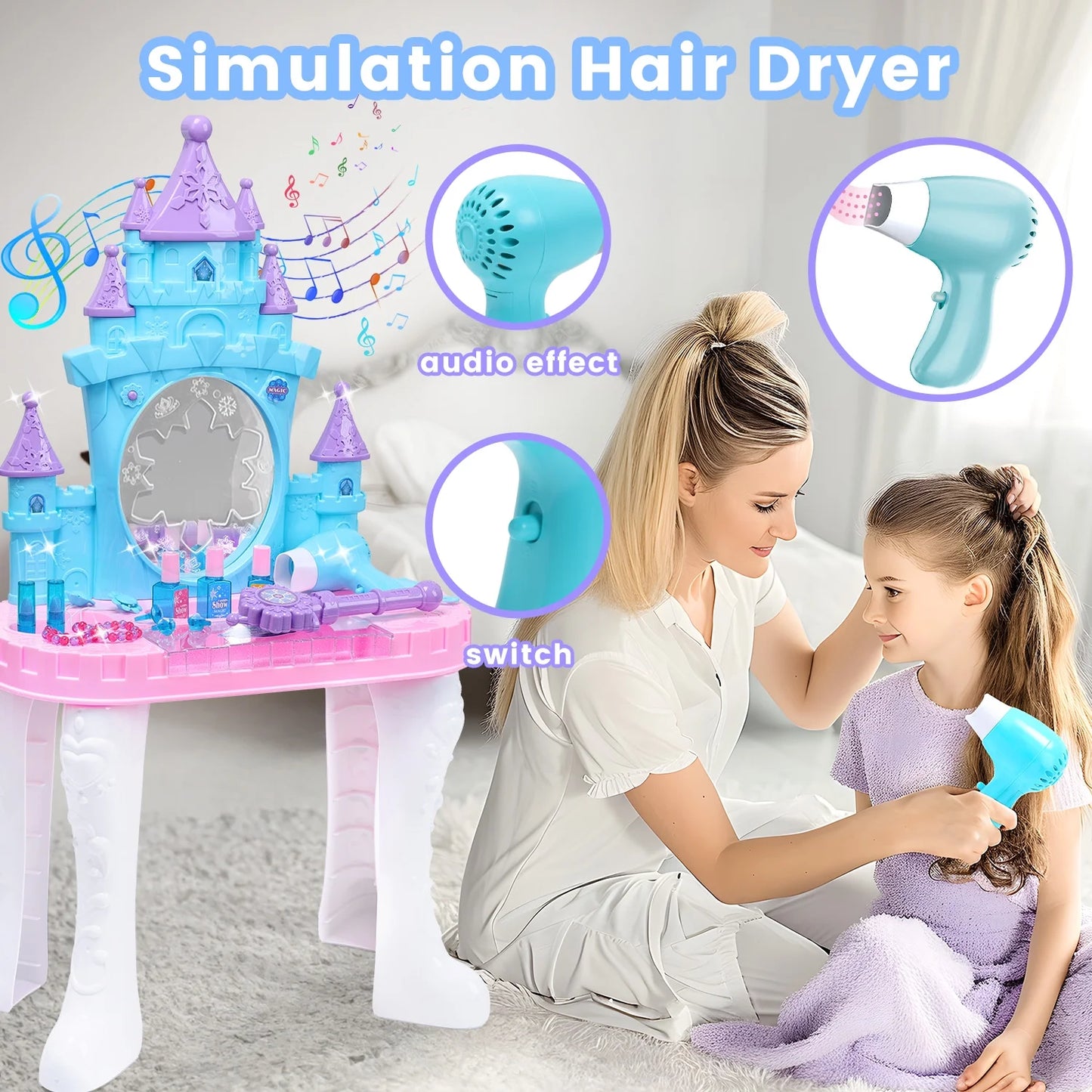 Toddler Makeup Table with Mirror and Chair, Kids Makeup Vanity Set with Accessories and Lights and Music Sounds, Makeup Accessories & Blowdryer for Toddlers 2-5 Years Old