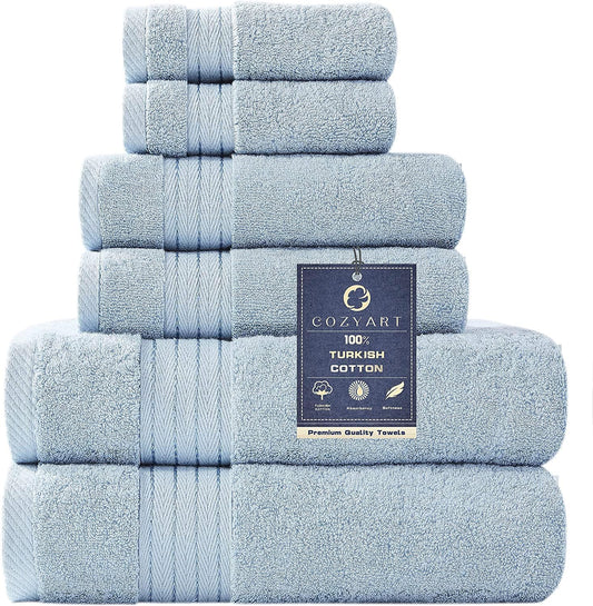 Light Blue Towel Sets for Bathroom 6Pcs, Turkish Cotton Bath Towel Set Soft Highly Absorbent and Durable 650 GSM Luxury Bathroom Sets with 2 Bath Towels, 2 Hand Towels, 2 Washclothes