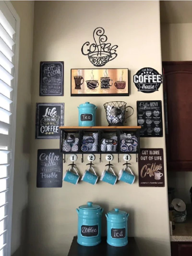 Coffee Signs - Coffee Cup Metal Wall Decor - Black Scrolled Mug for Home, Coffee Shop, Kitchen
