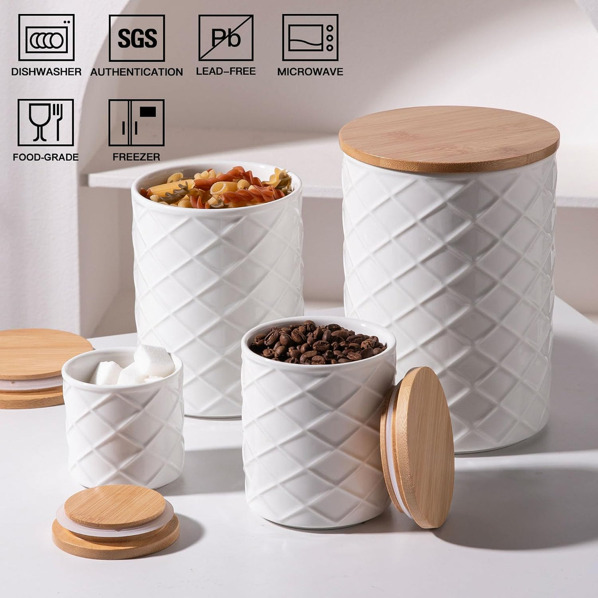 Sweejar Ceramic Canisters Sets for Kitchen Countertop, Relief Food Storage Jar with Bamboo Lid, Stackable Container for Flour, Coffee, Pasta, Cereal, Tea, Cookies, Sugar, Spices, Pack of 4 (White)