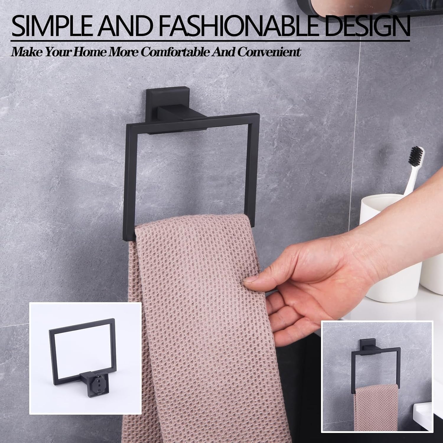 Modern Black Towel Holder SUS304 Stainless Steel Towel Hanger Towel Ring for Bathroom Lavatory Wall Mount Contemporary Style JG1906-BK
