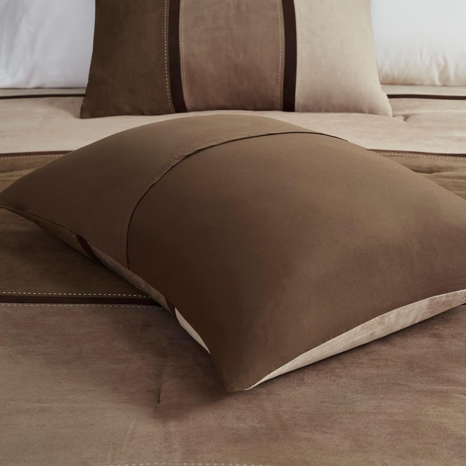 Palisades Comforter Set Modern Faux Suede Pieced Stripe Design, All Season down Alternative Cozy Bedding with Matching Shams, Decorative Pillows, King(104"X92"), Brown 7 Piece