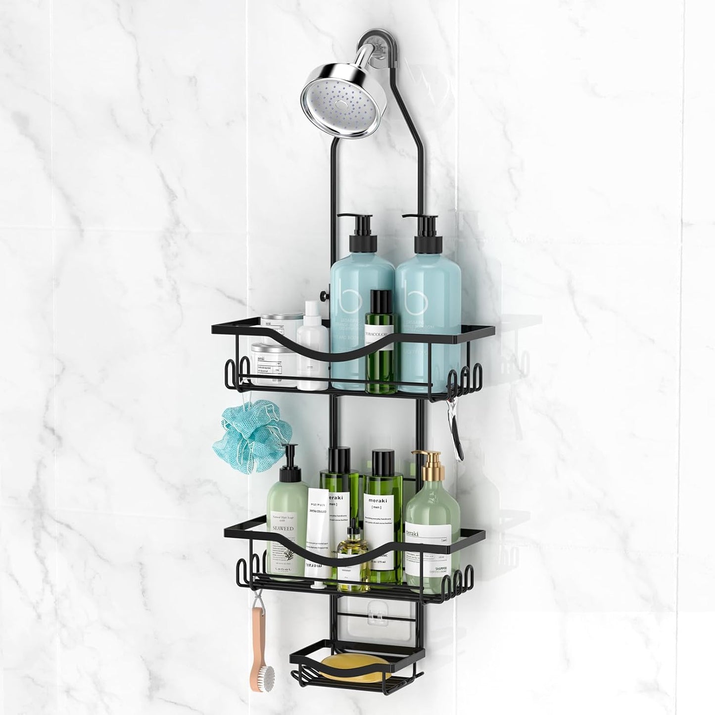 Shower Caddy Hanging Adjustable Shower Caddy, Rustproof Shower Organizer Extended Length Shower Caddy over Shower Head with Hooks Soap Holder, Large Capacity Anti-Swing Bathroom Organizer, Black