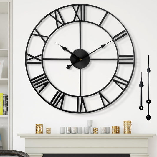 Large Wall Clock Silent Non-Ticking Roman Numerals Vintage Battery Operated (24 Inch,18Inch,16Inch) Farmhouse Wall Clock for Living Room, Bedroom, Kitchen, Cafe Decor-Black 47CM