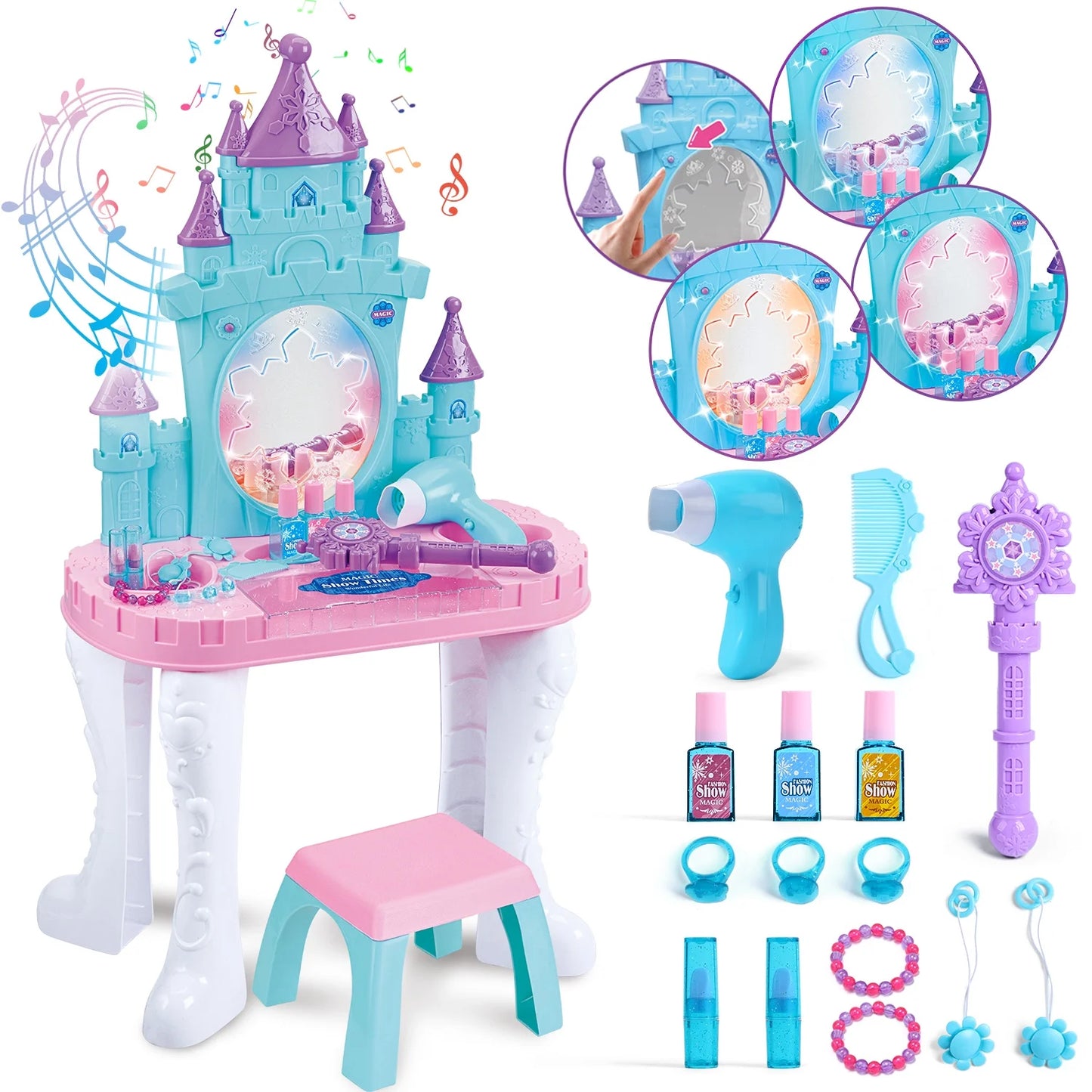 Toddler Makeup Table with Mirror and Chair, Kids Makeup Vanity Set with Accessories and Lights and Music Sounds, Makeup Accessories & Blowdryer for Toddlers 2-5 Years Old