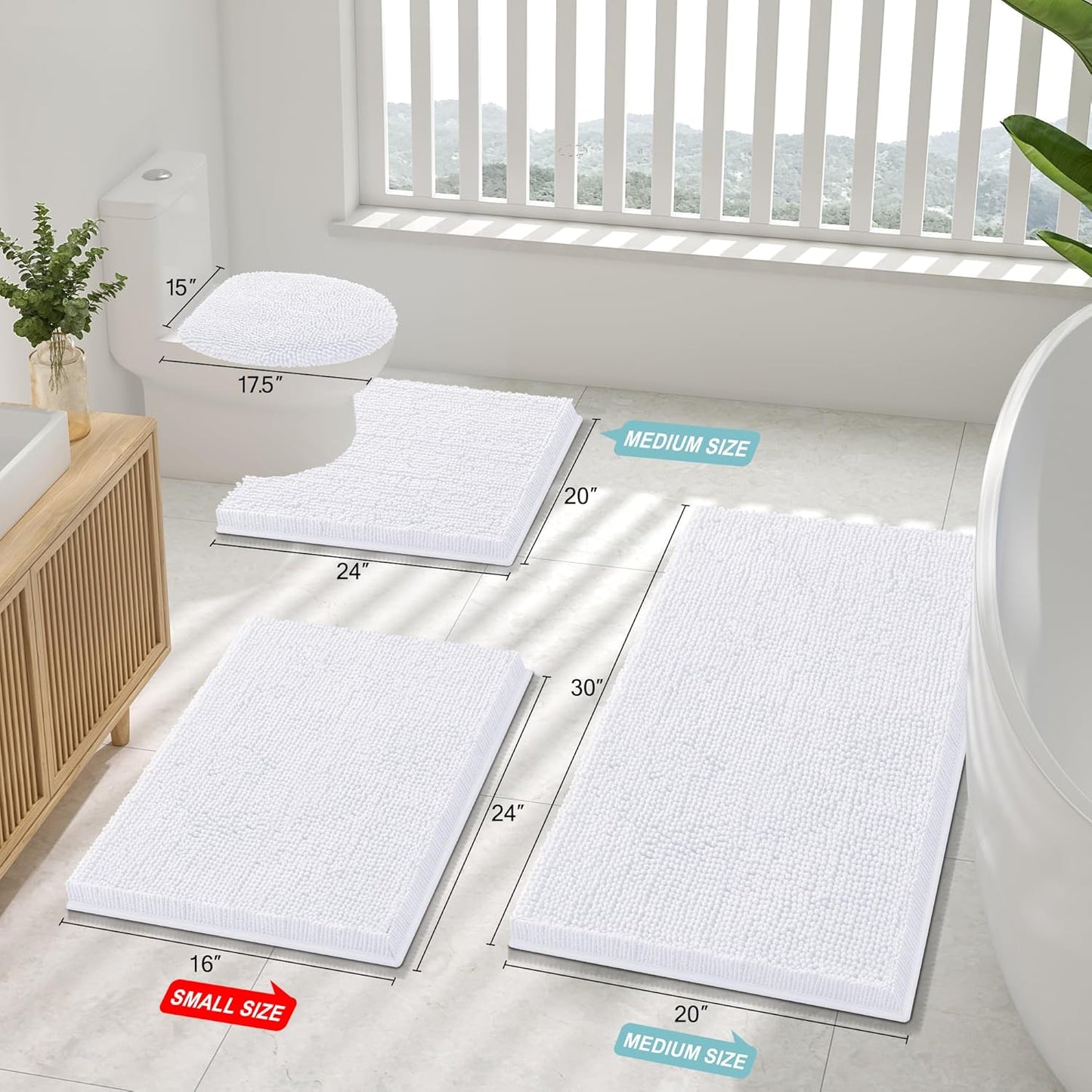 Luxury Chenille Bathroom Rugs 47X17, Extra Soft and Absorbent Shaggy Bath Mat, Machine Washable, Non-Slip Plush Carpet Runner for Tub, Shower, and Floor, Home Decor Accessories, White