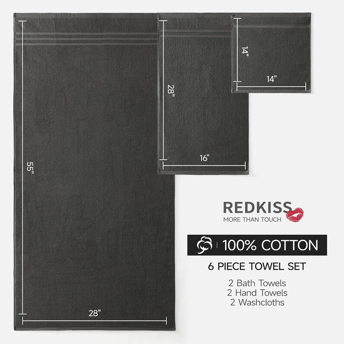 Dark Gray Towels Set 6 Piece Cotton Towel Sets with 2 Bath Towels, 2 Hand, 2 Washcloths, 650GSM Hotel Quality, Soft, Highly Absorbent Towels for Bathroom Gym, Ideal Everyday Use