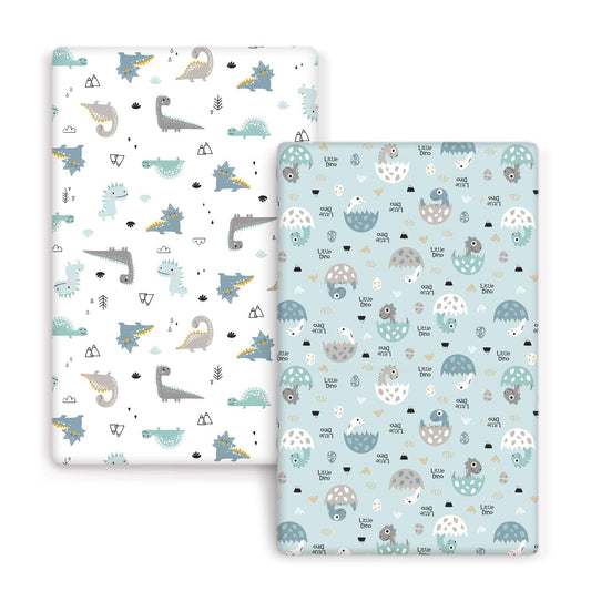 Stretchy Ultra Soft Jersey Knit Fitted Pack N Play Sheets Set 2 Pack, Portable/Mini Crib Sheets for Boys, Universal Fit for Pack N Plays Safe and Snug, Happy Dinosaurs for Baby