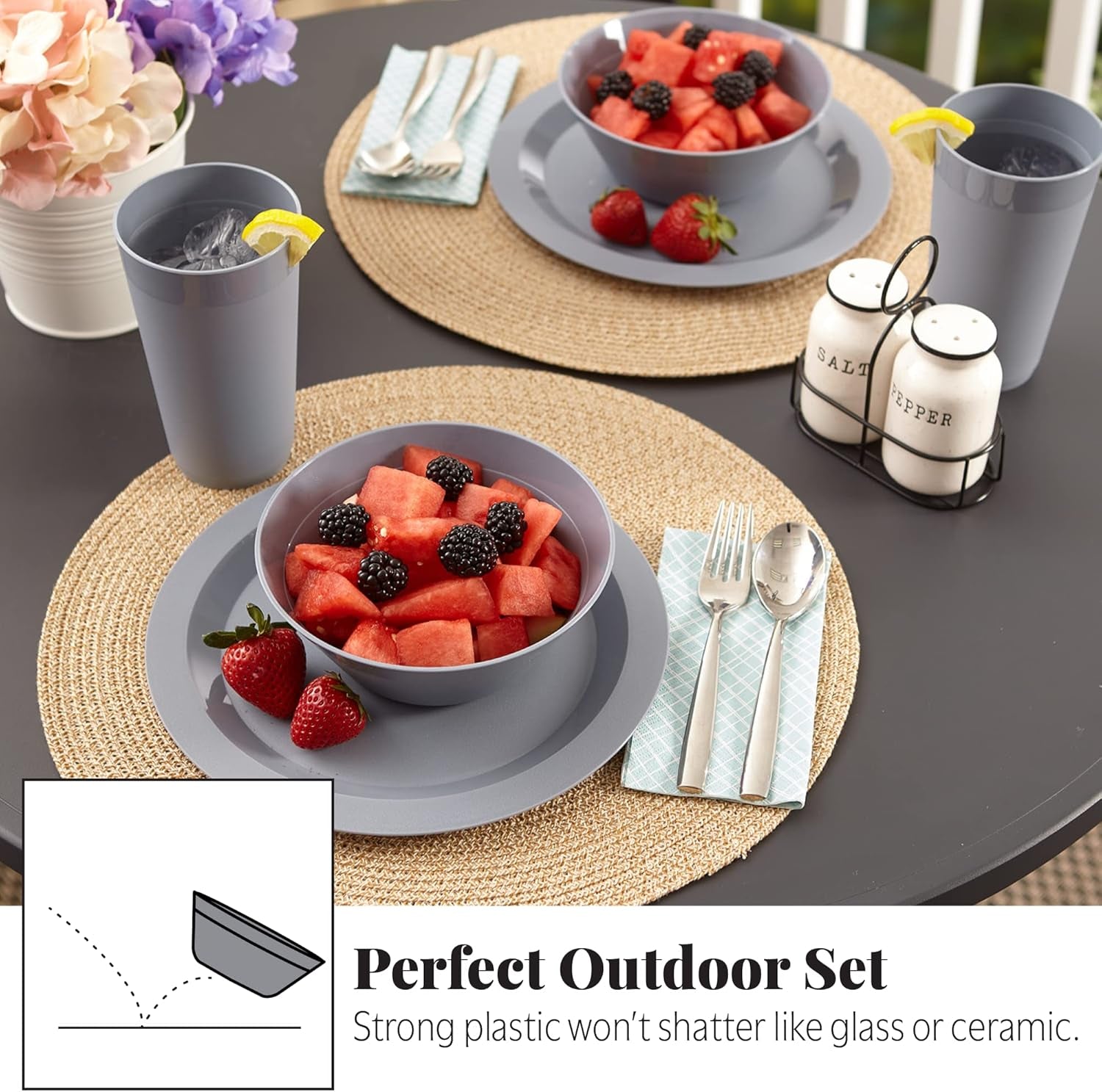 Newport Plastic Plate, Bowl and Tumbler Dinnerware Set for 4 in Grey Stone | 12-Piece Drinking and Dining Set | Reusable, Bpa-Free, Made in the USA, Top-Rack Dishwasher Safe