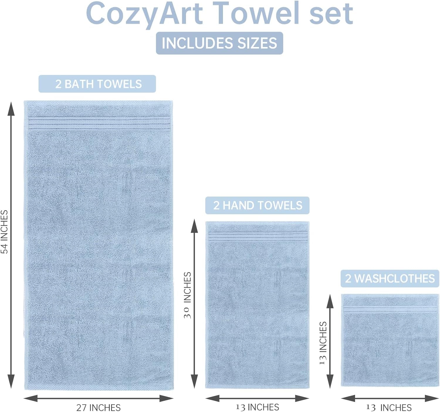 Light Blue Towel Sets for Bathroom 6Pcs, Turkish Cotton Bath Towel Set Soft Highly Absorbent and Durable 650 GSM Luxury Bathroom Sets with 2 Bath Towels, 2 Hand Towels, 2 Washclothes
