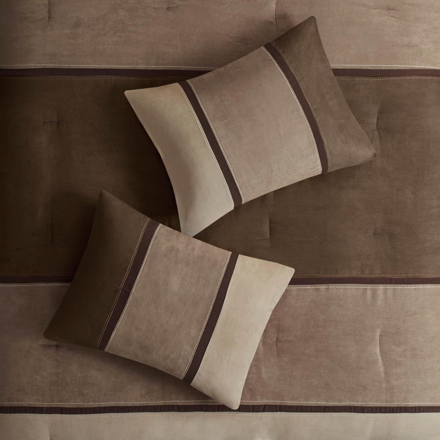 Palisades Comforter Set Modern Faux Suede Pieced Stripe Design, All Season down Alternative Cozy Bedding with Matching Shams, Decorative Pillows, King(104"X92"), Brown 7 Piece