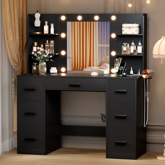 Makeup Vanity with Mirror and Drawers Vanity Desk Set with 3 Modes Adjustable Brightness Lights and USB Power Outlet, Black