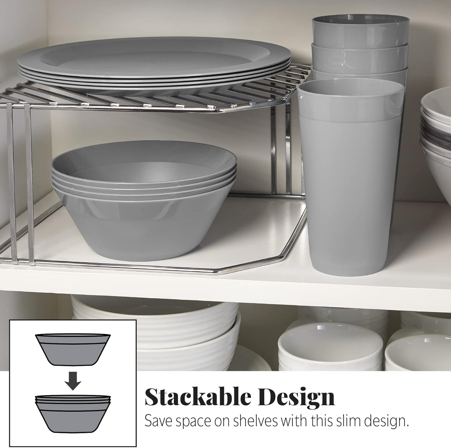 Newport Plastic Plate, Bowl and Tumbler Dinnerware Set for 4 in Grey Stone | 12-Piece Drinking and Dining Set | Reusable, Bpa-Free, Made in the USA, Top-Rack Dishwasher Safe