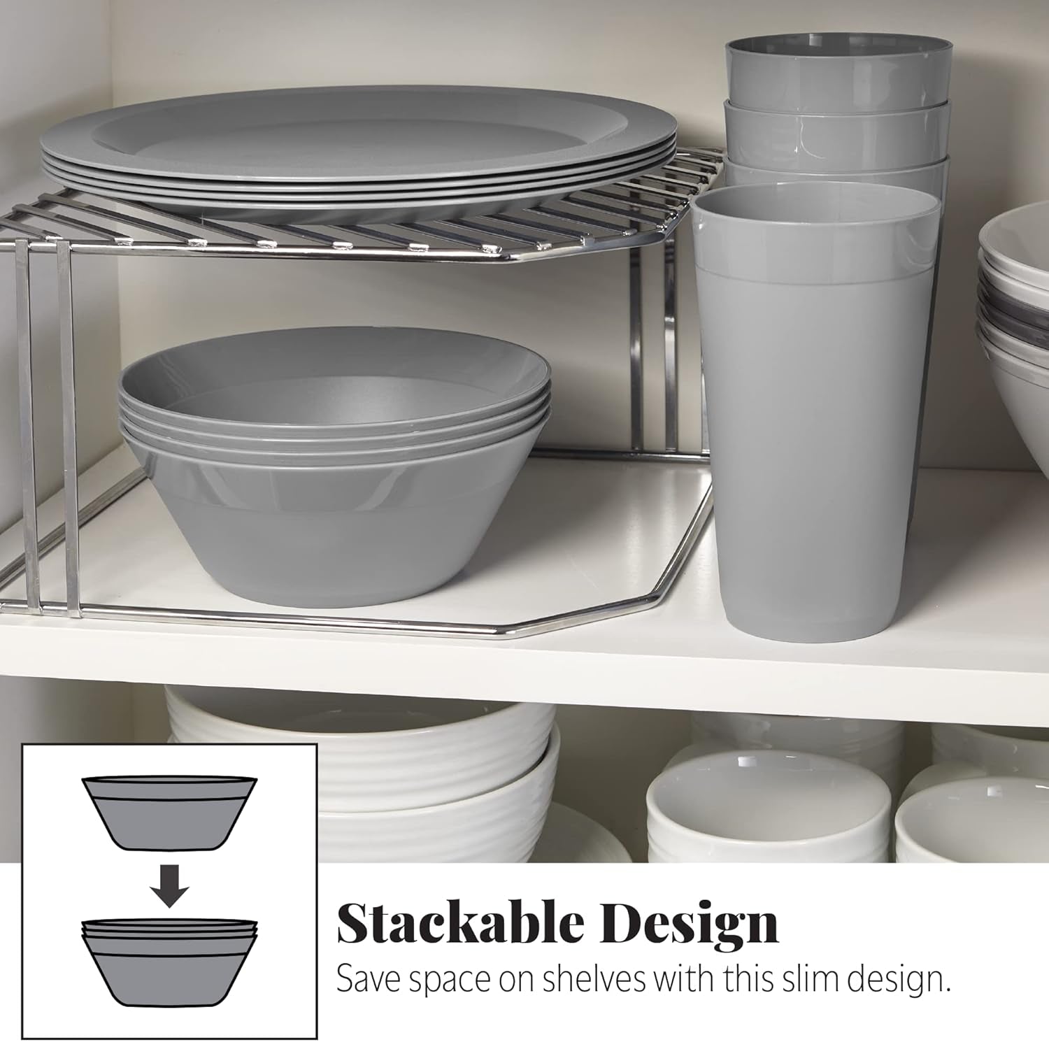 Newport Plastic Plate, Bowl and Tumbler Dinnerware Set for 4 in Grey Stone | 12-Piece Drinking and Dining Set | Reusable, Bpa-Free, Made in the USA, Top-Rack Dishwasher Safe