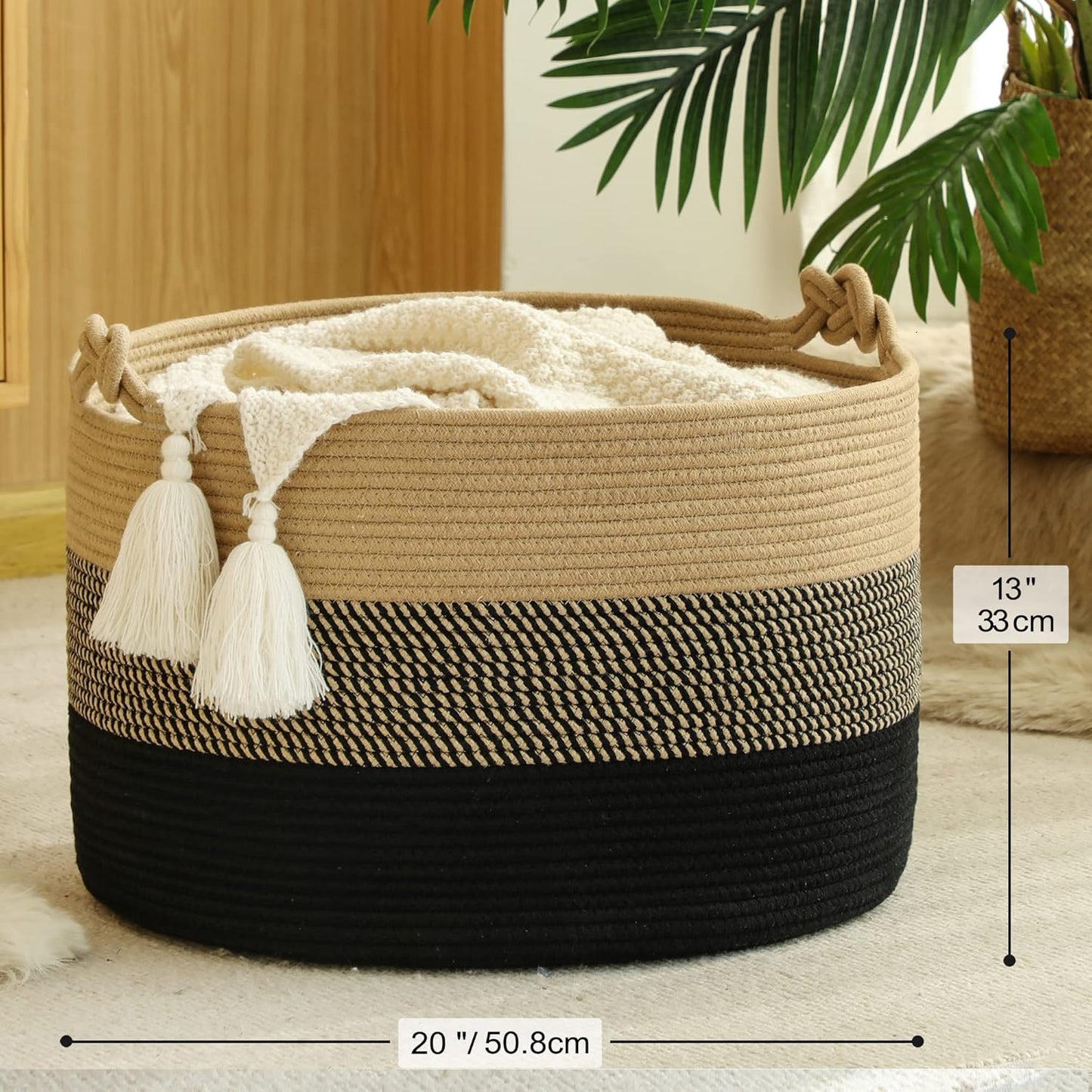 Large Blanket Basket (20"X13"),Woven Rope Baskets for Storage Baby Laundry Hamper, Cotton Rope Blanket Basket for Living Room, Laundry, Nursery, Pillows,Baby Toy Chest (Jute/Black)
