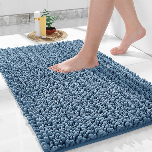 Bathroom Rugs Non Slip Washable 24X17 Inch - Ultra Soft Absorbent Chenille Bath Mat, Quick Dry Shaggy Floor Carpet for Tub Shower, Denim Blue Home Decor Accessories