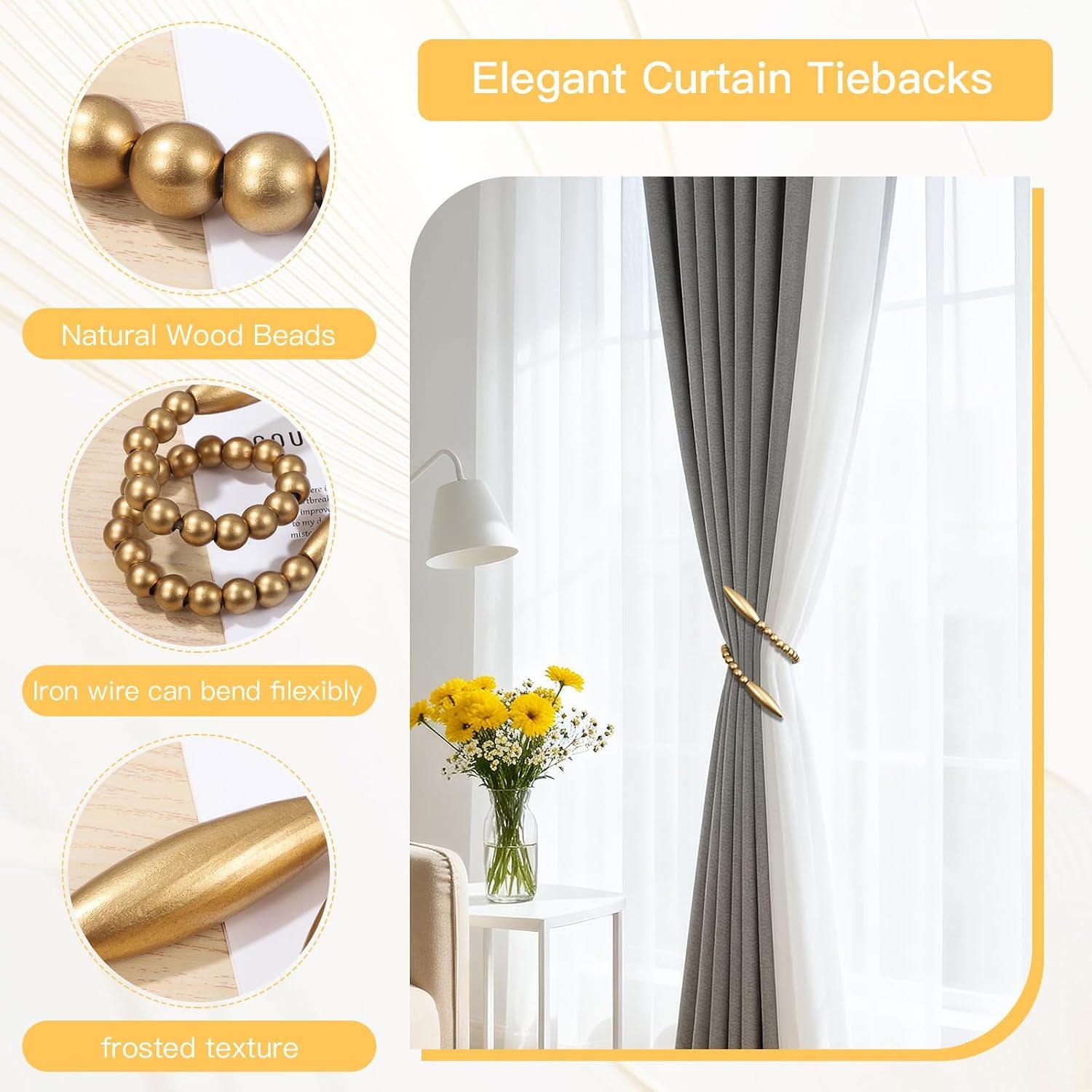 Wood Bead Curtain Tiebacks 2 Pack, No Drill Curtain Holdbacks for Boho Decor, Nursery & Bedroom - Creative Clips & Hooks for Drapes, Farmhouse Window Decor with Twist Design (2, Gold)