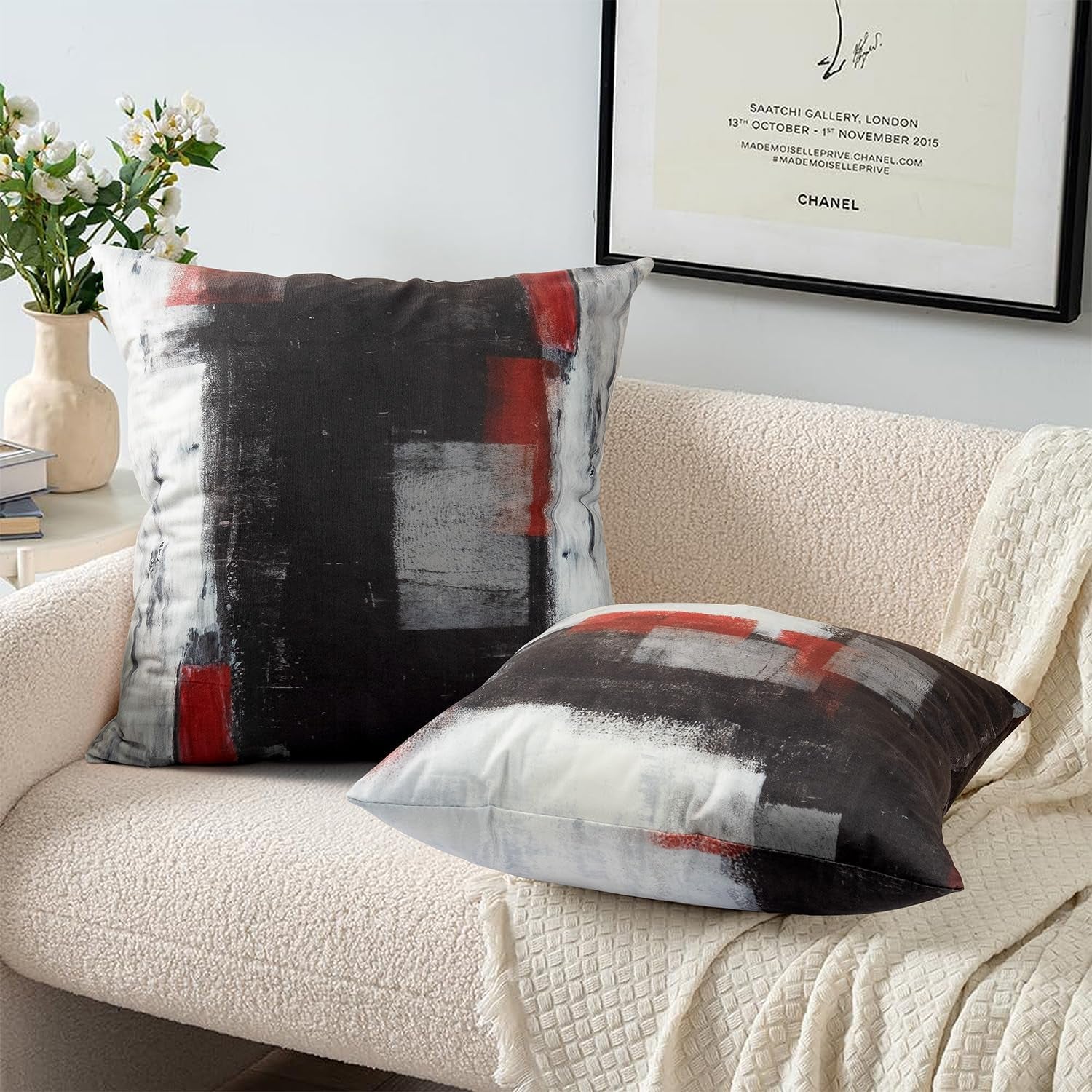 Red and Black Throw Pillow Covers 18X18 Set of 4 Decorative Cushion Cover Grey Abstract Art Painting Pillowcase for Sofa Bedroom Living Room Décor