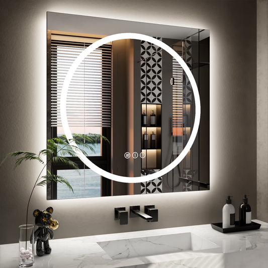 Double-Layer LED Bathroom Mirror 36X36 Inch,Wall Mirrors with Anti-Fog Vanity Mirror ,Shatter-Proof,Memory Makeup Mirror with LED Lights