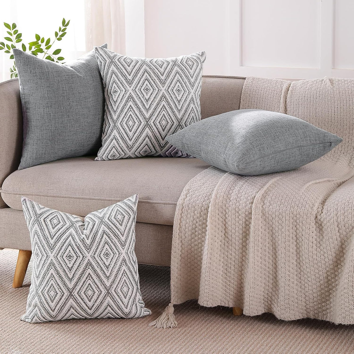 Throw Pillow Covers 18X18, Set of 4, Grey Textured Couch Pillow Covers | Polyester Fabric, Patterned and Solid Designs, Hidden Zippers, Machine Washable, for Sofas and Beds, Inserts Not Included