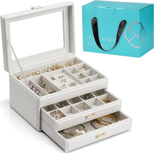 Jewelry Box with Glass Top for Birthday Wedding Gifts, 3 Layer Women Girls Jewelry Organizer with 2 Drawers, Large Leather Jewelry Storage for Necklaces Rings Earrings Bracelets Watches(White)