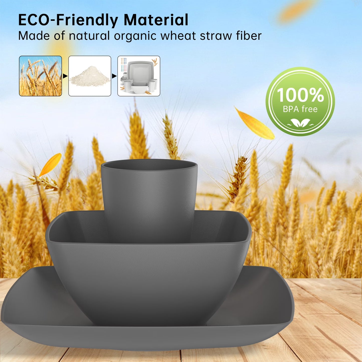 24 Pcs Wheat Straw Square Dinnerware Sets for 4, Unbreakable Dish Sets, Reusable Plates and Bowls Sets, Dinner Plates, Travel Camping Cutlery Set, Dishwasher Microwave Safe, Gray