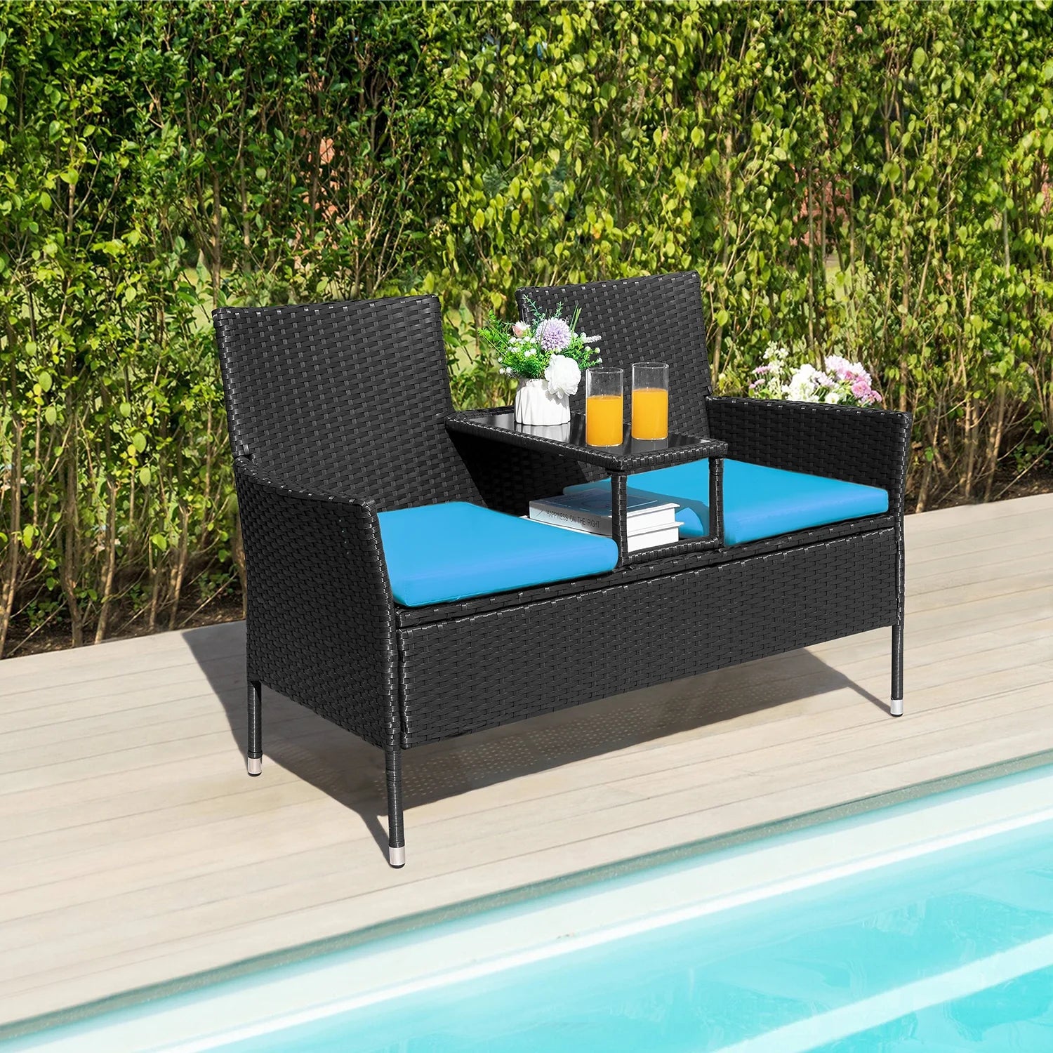 Outdoor Patio Loveseat Rattan Patio Conversation Furniture Set with Coffee Table, Blue