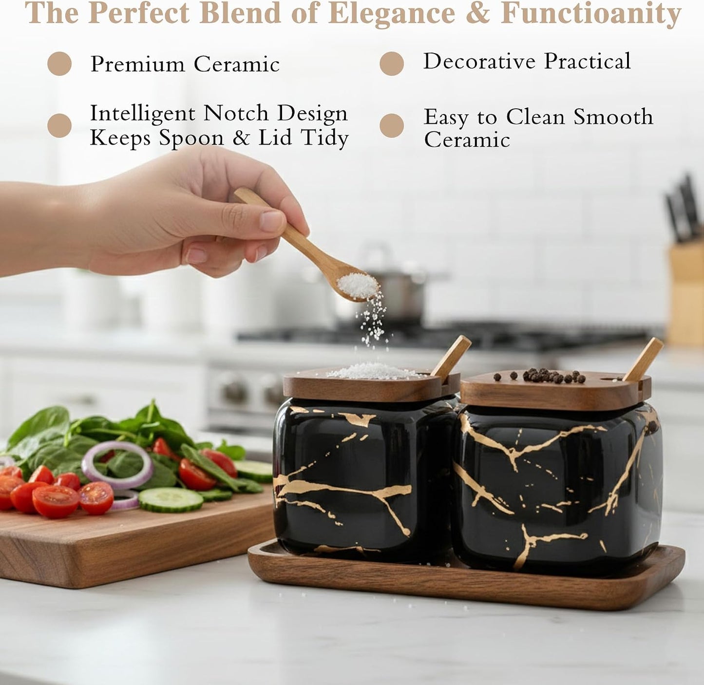 Sets of 2 Marble Ceramic Seasoning Jars Ceramic Sugar Salt Bowl Condiment Pots with Wooden Lids,Wooden Spoon and Wooden Tray (Black)