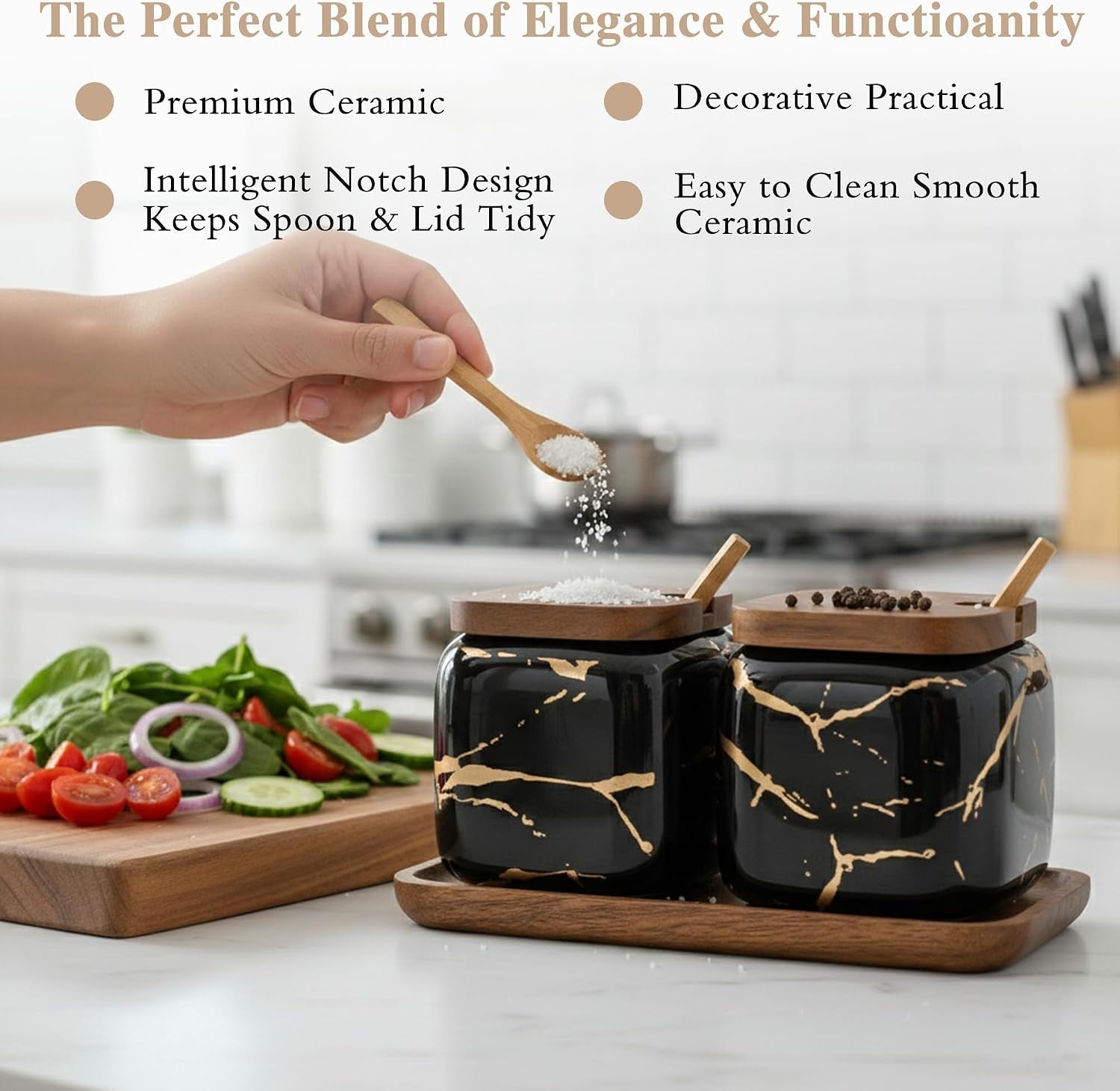 Sets of 2 Marble Ceramic Seasoning Jars Ceramic Sugar Salt Bowl Condiment Pots with Wooden Lids,Wooden Spoon and Wooden Tray (Black)