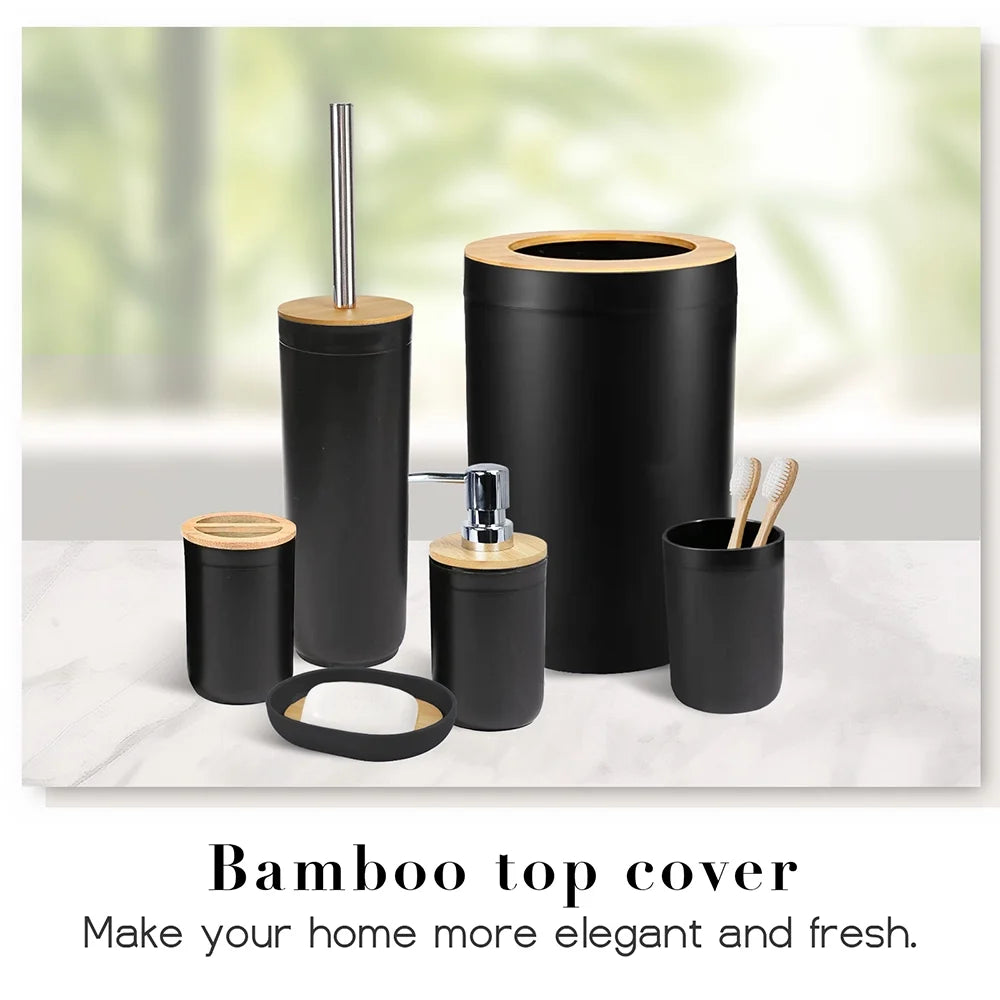 Bathroom Soap Toothbrush Holder Dish Set, Elegant 6-Piece Bamboo & Plastic Accessories, Black