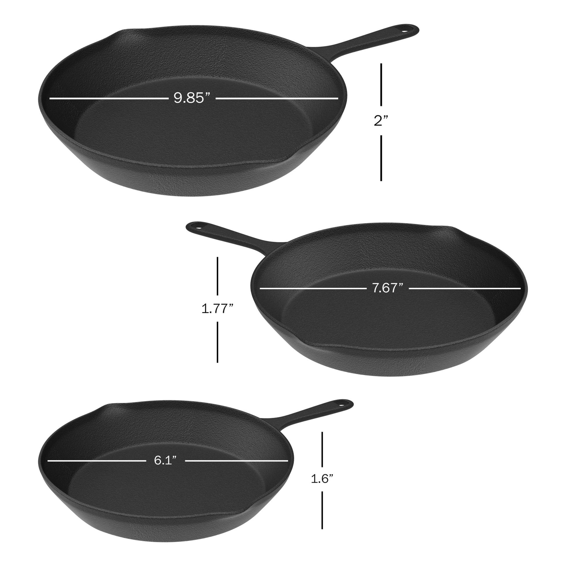Set of 3 Cast Iron Skillet Set, Pre-Seasoned Oven-Safe Non-Stick Frying Pans - 10”, 8”, 6” (Black)