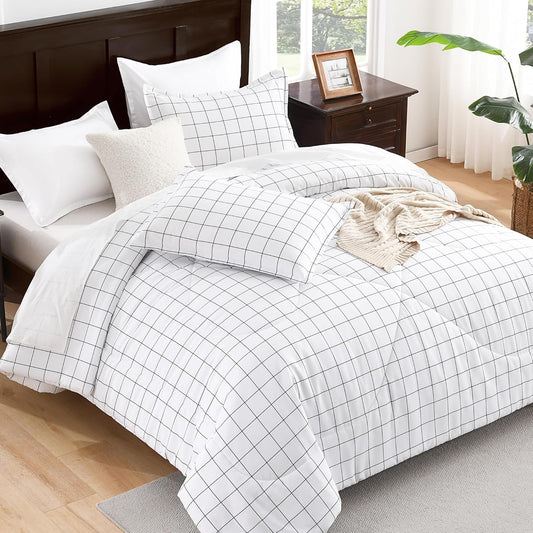 White Grid Comforter Set Queen Size (90X90 Inch), 3 Pieces(1 Grid Comforter and 2 Pillowcases), Summer Lightweight Microfiber down Alternative White Comforter with Black Lines