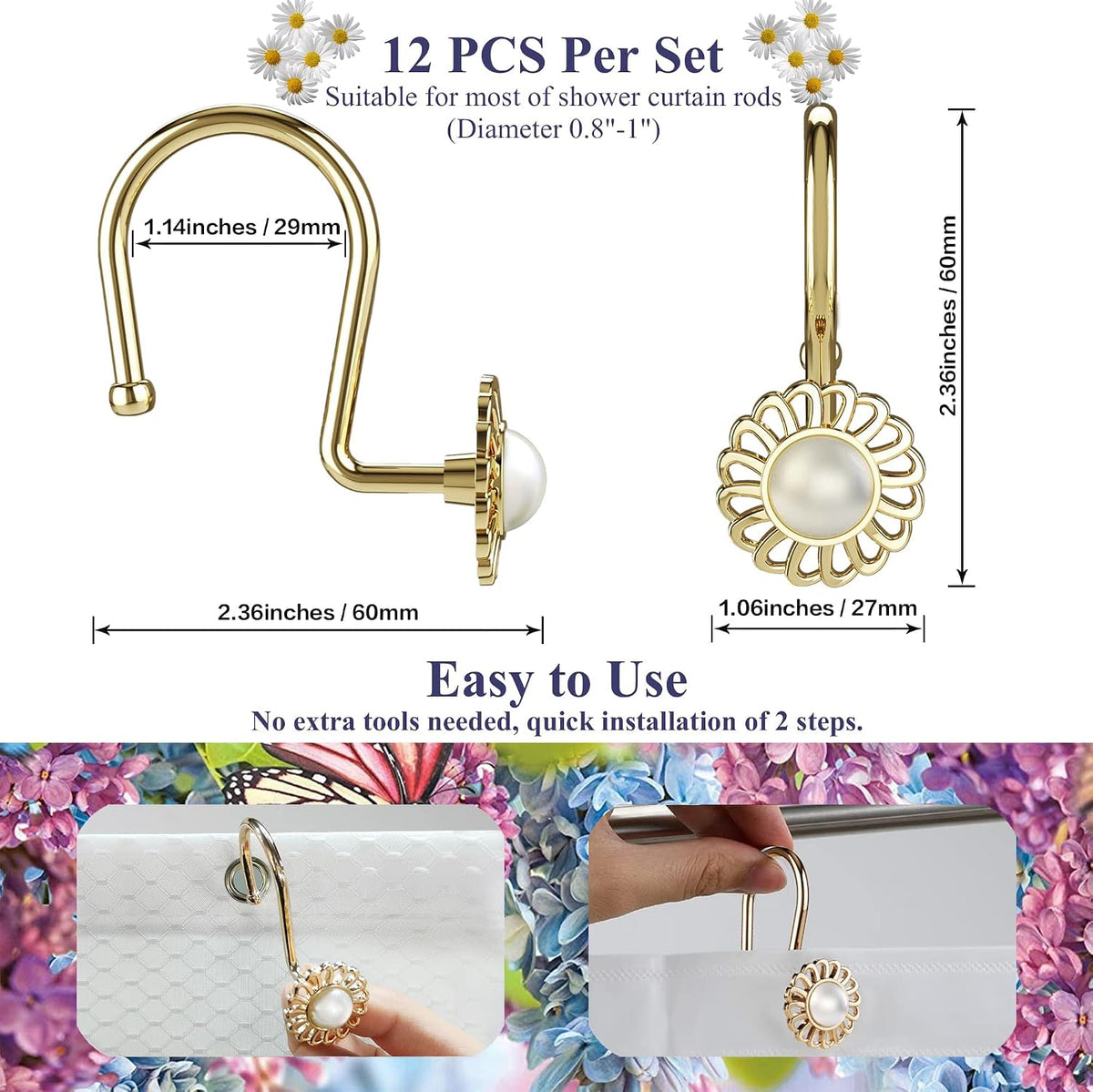 Gold Shower Curtain Hooks Rings, Decorative Shower Curtain Hangers, Heavy Duty Metal Shower Rings, Sunflower Shower Hooks for Shower Curtain Rod and Liner, Bathroom Curtain Hooks, Luxury Gold,