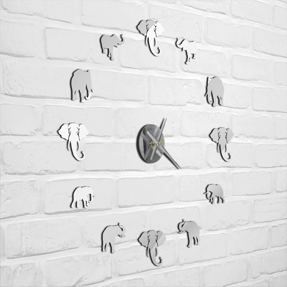 Jungle Animals Elephant DIY Large Wall Clock Home Decor Modern Design Mirror Effect Giant Frameless Elephants DIY Clock Wall Watch (Silver)