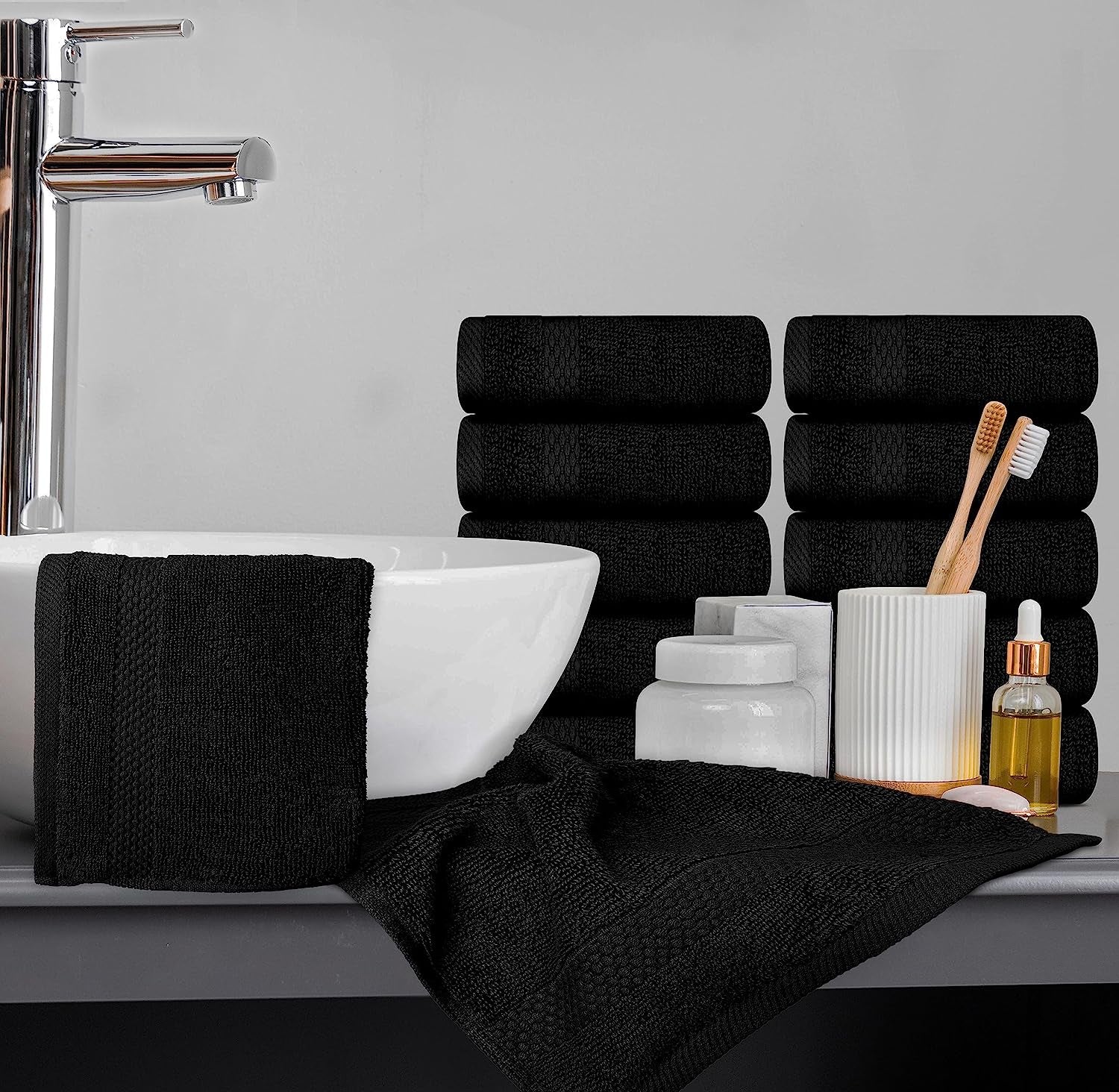 Luxury Cotton Washcloths 13X13 Inch - 650 GSM Turkish Cotton | Hotel, Spa, Bathroom Face Towel | 12 Pack, Black