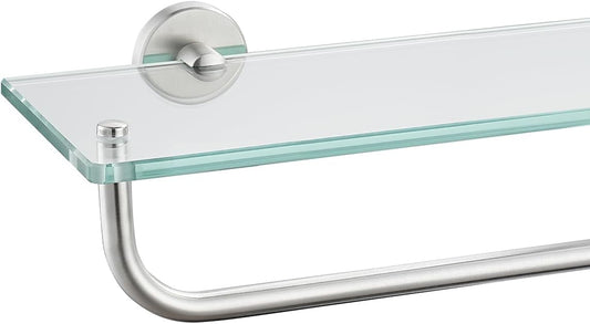Bathroom Glass Shelf, Shelf with 15 Inch Towel Bar Tempered Glass Shower Storage 16 by 5 Inches, 304 Stainless Steel Brushed Finish Wall Mount, TGS100-BN