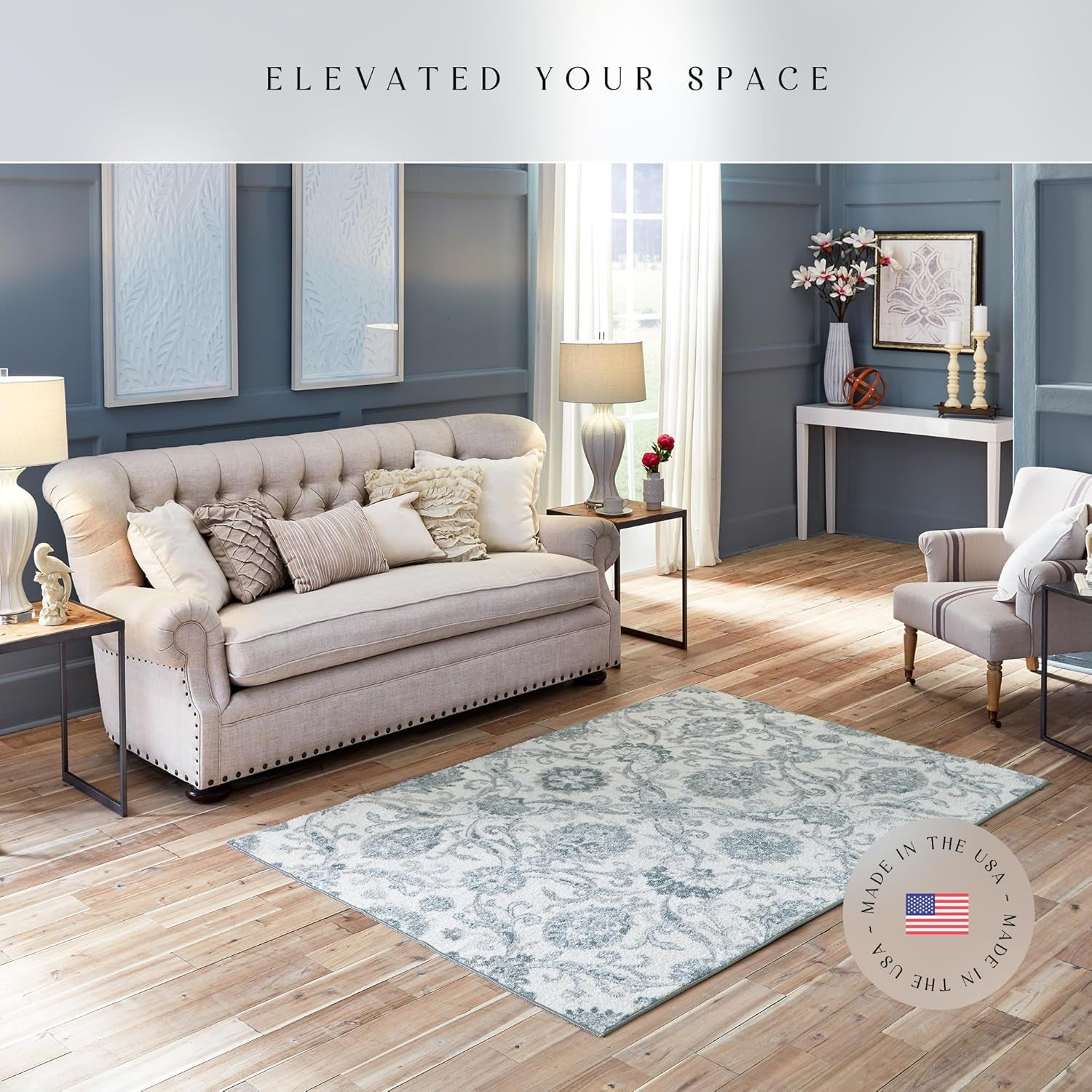 Blooming Damask Area Rugs Carpet for Living Room & Bedroom [Made in USA], 5 X 7, Grey/Blue