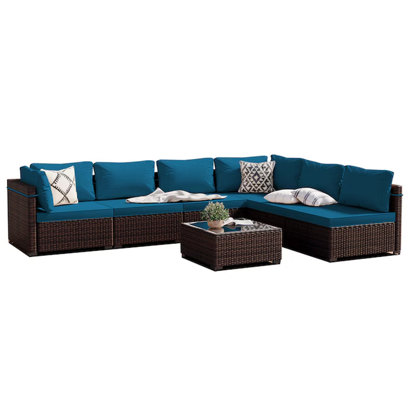 7 -Piece Rattan Patio Conversation Set with Beige Cushions