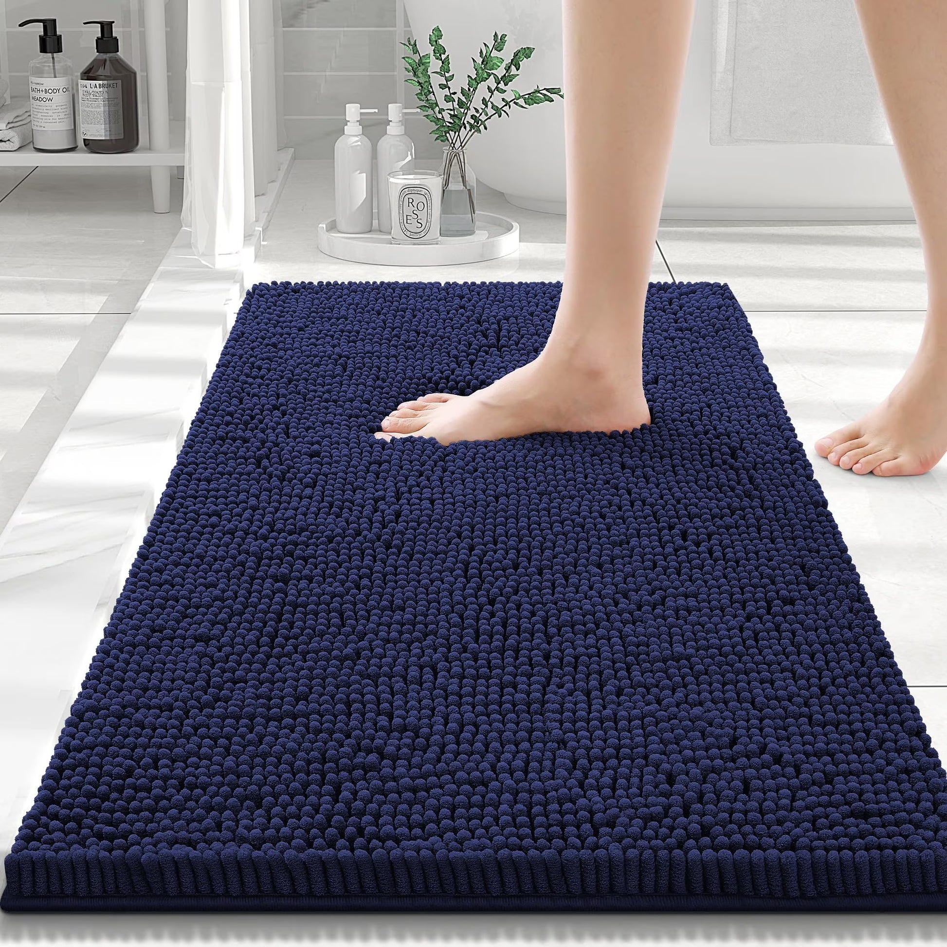 Luxury Chenille Bathroom Rugs, Extra Soft and Absorbent Bath Mat, Navy Blue, 20"X30"