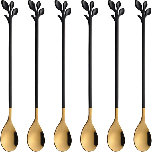 6-Piece Elegant Black & Gold Leaf Long Handle Teaspoons - 7.4"