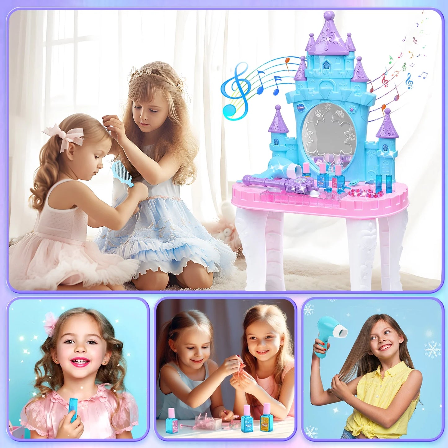 Toddler Makeup Table with Mirror and Chair, Kids Makeup Vanity Set with Accessories and Lights and Music Sounds, Makeup Accessories & Blowdryer for Toddlers 2-5 Years Old