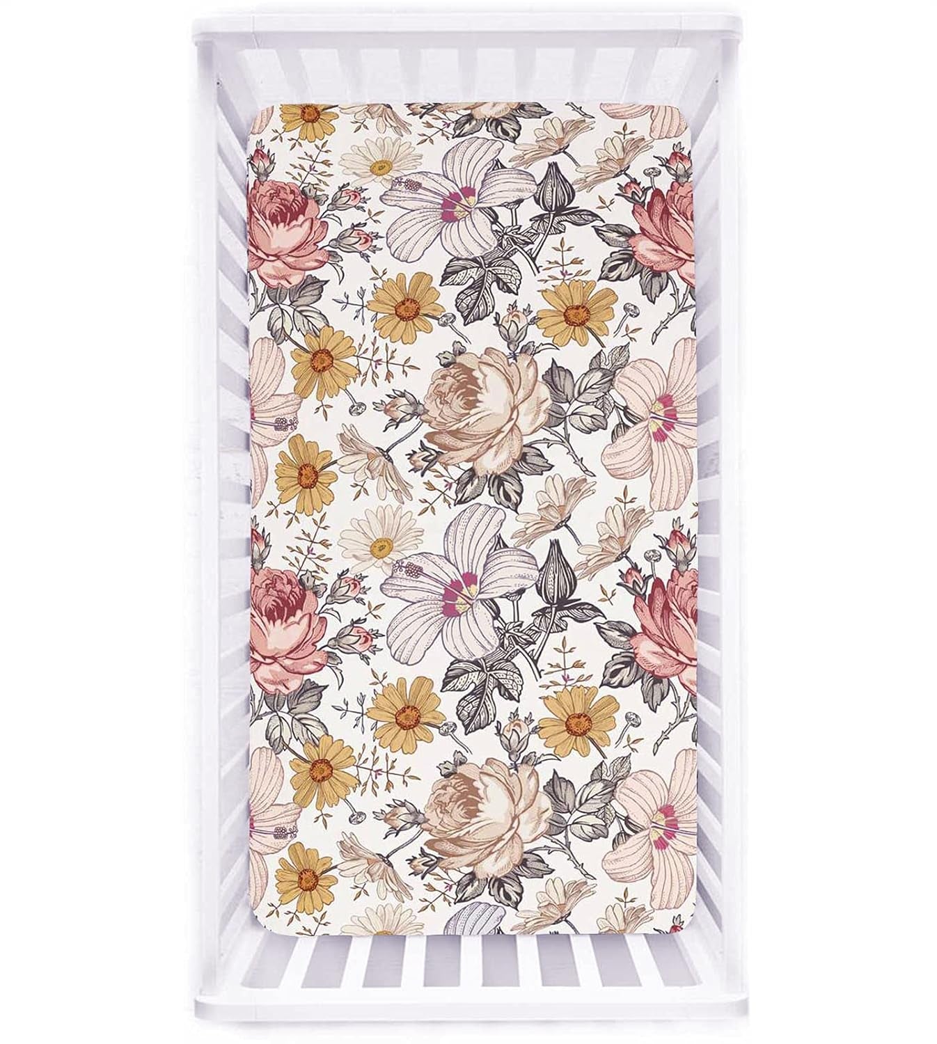 Crib Sheets for Girl Boy,  Crib Sheet Fitted Fits for Standard Crib & Toddler Mattresses, Ultra Soft Breathable Baby Crib Sheets Neutral 52'' X 28'' Inch Boho Crib Sheet, Daisy Floral