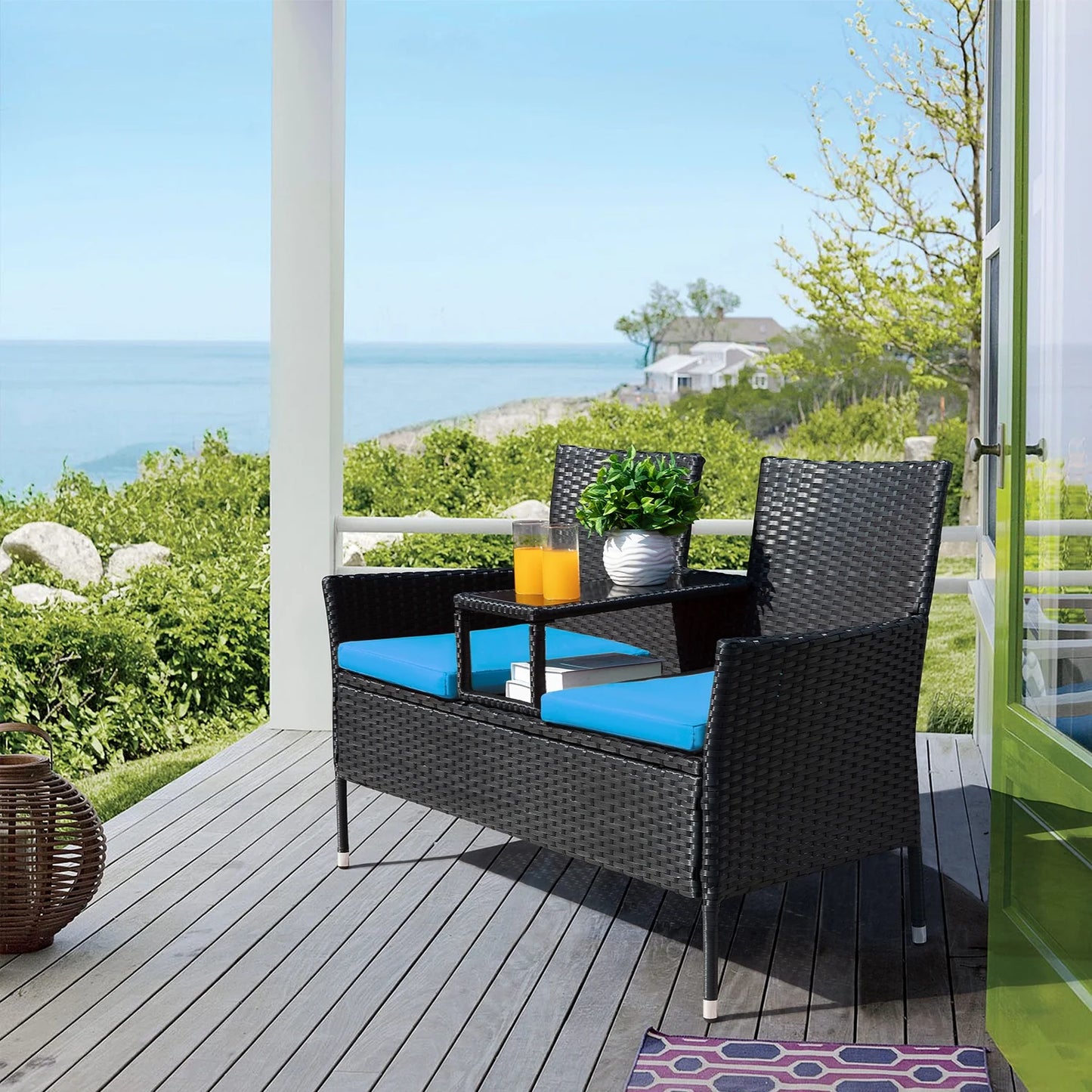 Outdoor Patio Loveseat Rattan Patio Conversation Furniture Set with Coffee Table, Blue