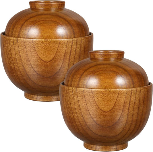 Japanese Style Wooden Rice Bowls with Lids Set of 2 3.93In Small Soup Serving Bowls for Salad Miso Soup and Snacks Lightweight Tableware for Home and Restaurant Use